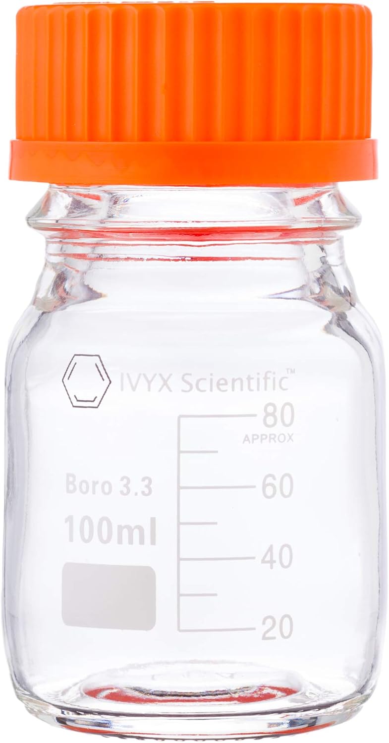 Round Media Storage Bottle, Borosilicate Glass, with GL45 Screw Cap - Pack of 2 (100 mL) U560