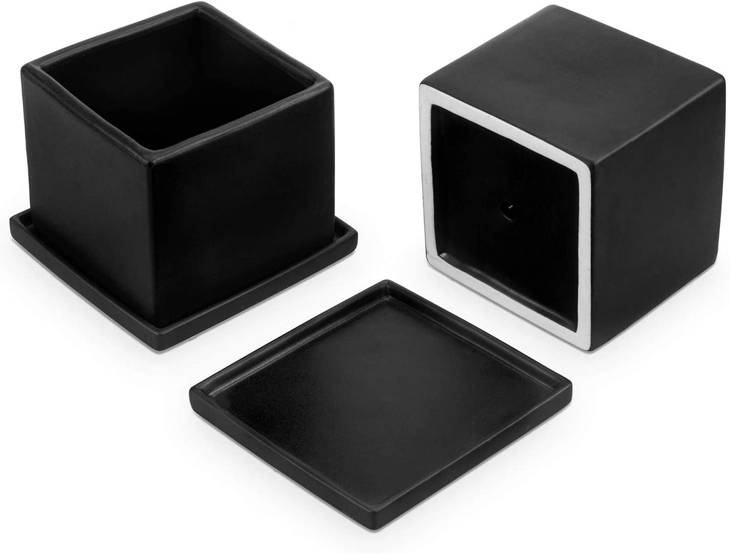 Set of 2 Matte Black Ceramic Planter Pots with Saucers G488