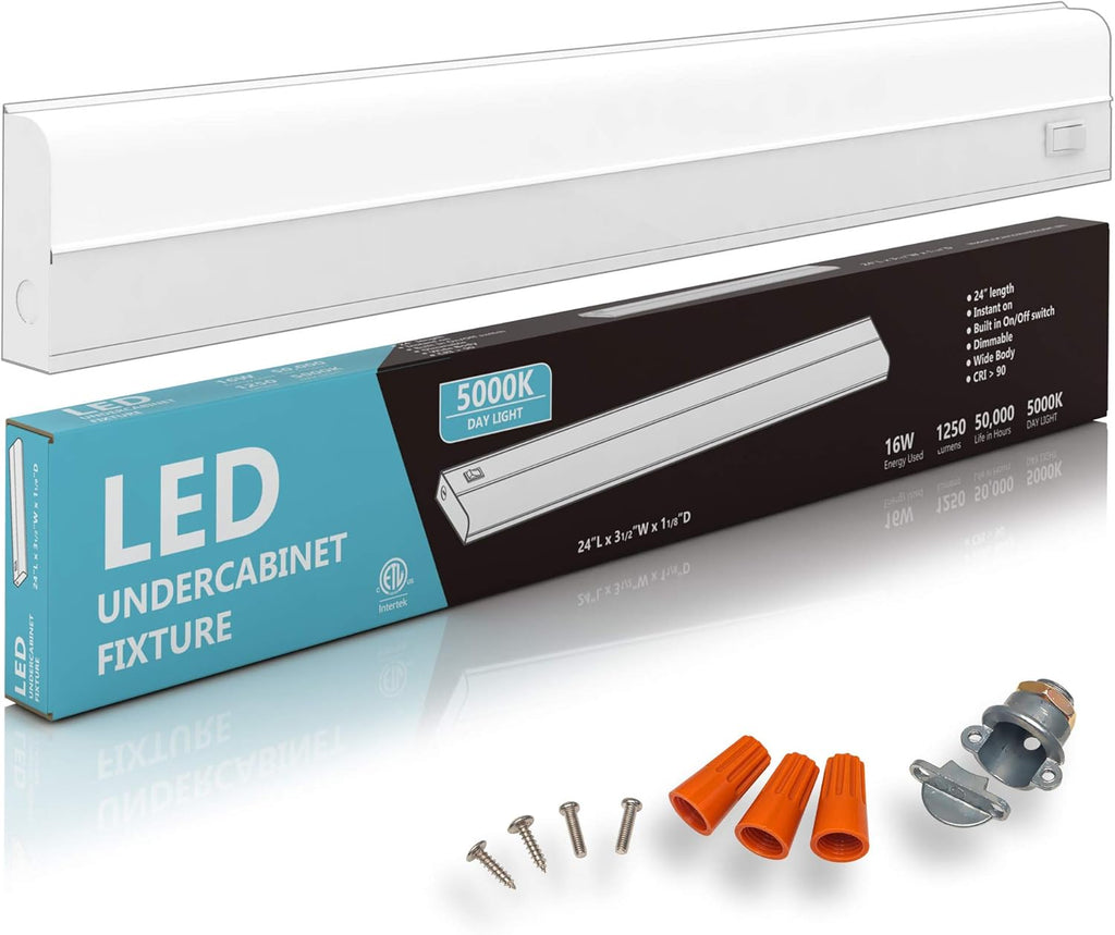 24" Hardwired LED Under Cabinet Task Lighting, Dimmable, 5000K, Metal Base, Pack of 2 D578