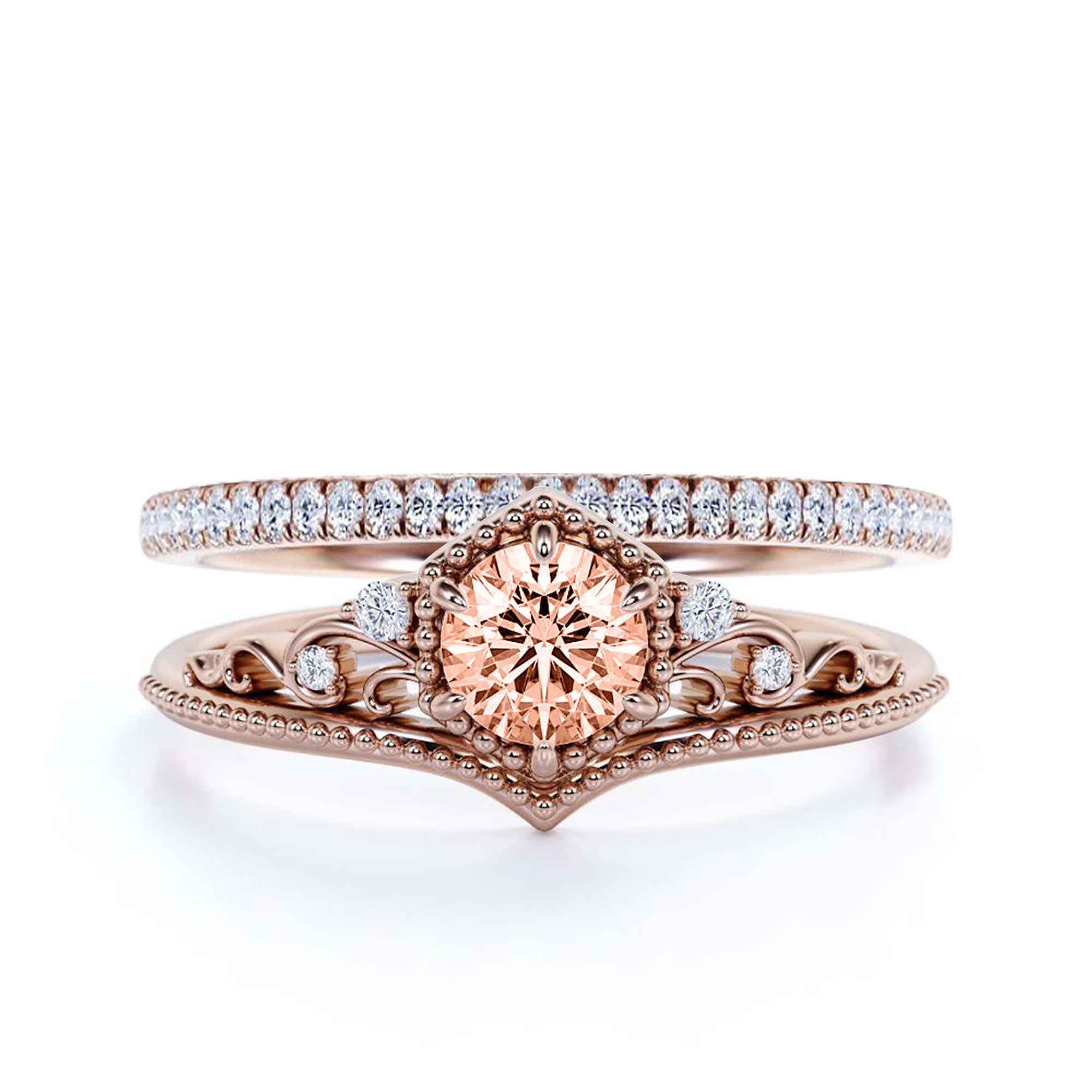 Antique Art Deco 2.00 Carat Round Cut Morganite And Diamond Moissanite Engagement Ring in 10k Solid Rose Gold Z501609