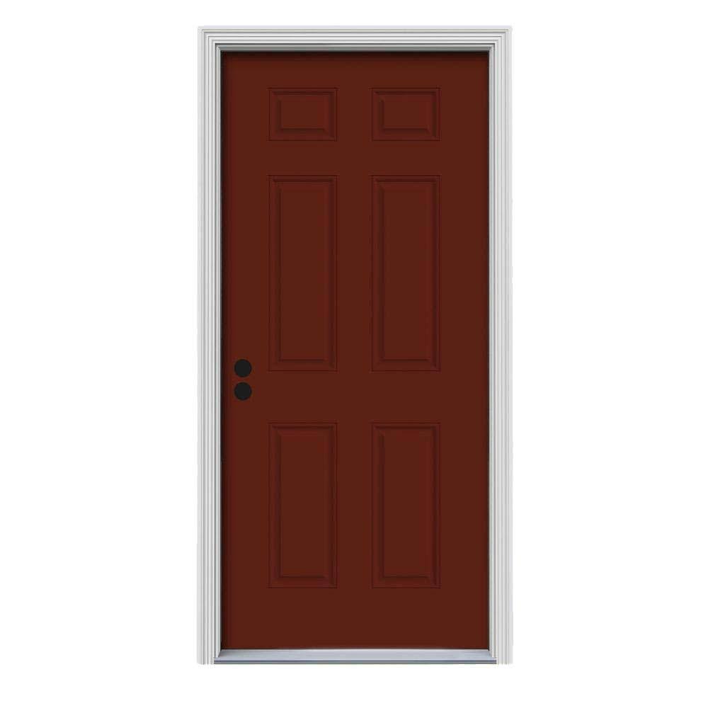 30 in. x 80 in. 6-Panel Red Painted Steel Prehung Right-Hand Inswing Front Door with Brickmould Y923074