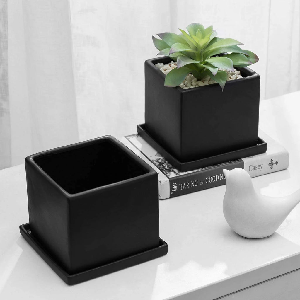Set of 2 Matte Black Ceramic Planter Pots with Saucers G488