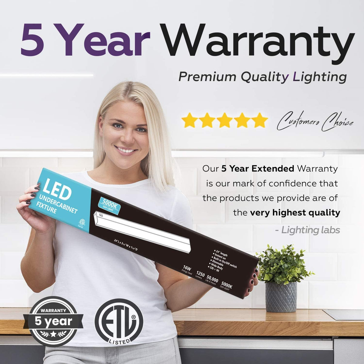 24" Hardwired LED Under Cabinet Task Lighting, Dimmable, 5000K, Metal Base, Pack of 2 D578