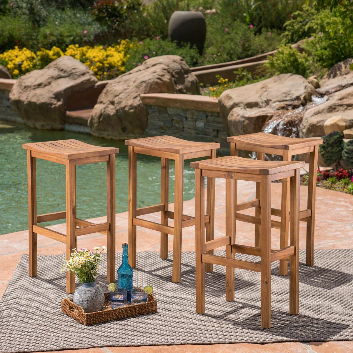 Natural Stained Acacia Wood Barstools, 4-Pcs Set V405