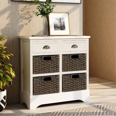 White Washed Storage Cabinet with Two Drawers and Four Rattan Basket R3077