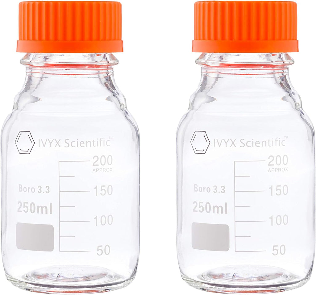 Round Media Storage Bottle, Borosilicate Glass, with GL45 Screw Cap - Pack of 2 (100 mL) U560