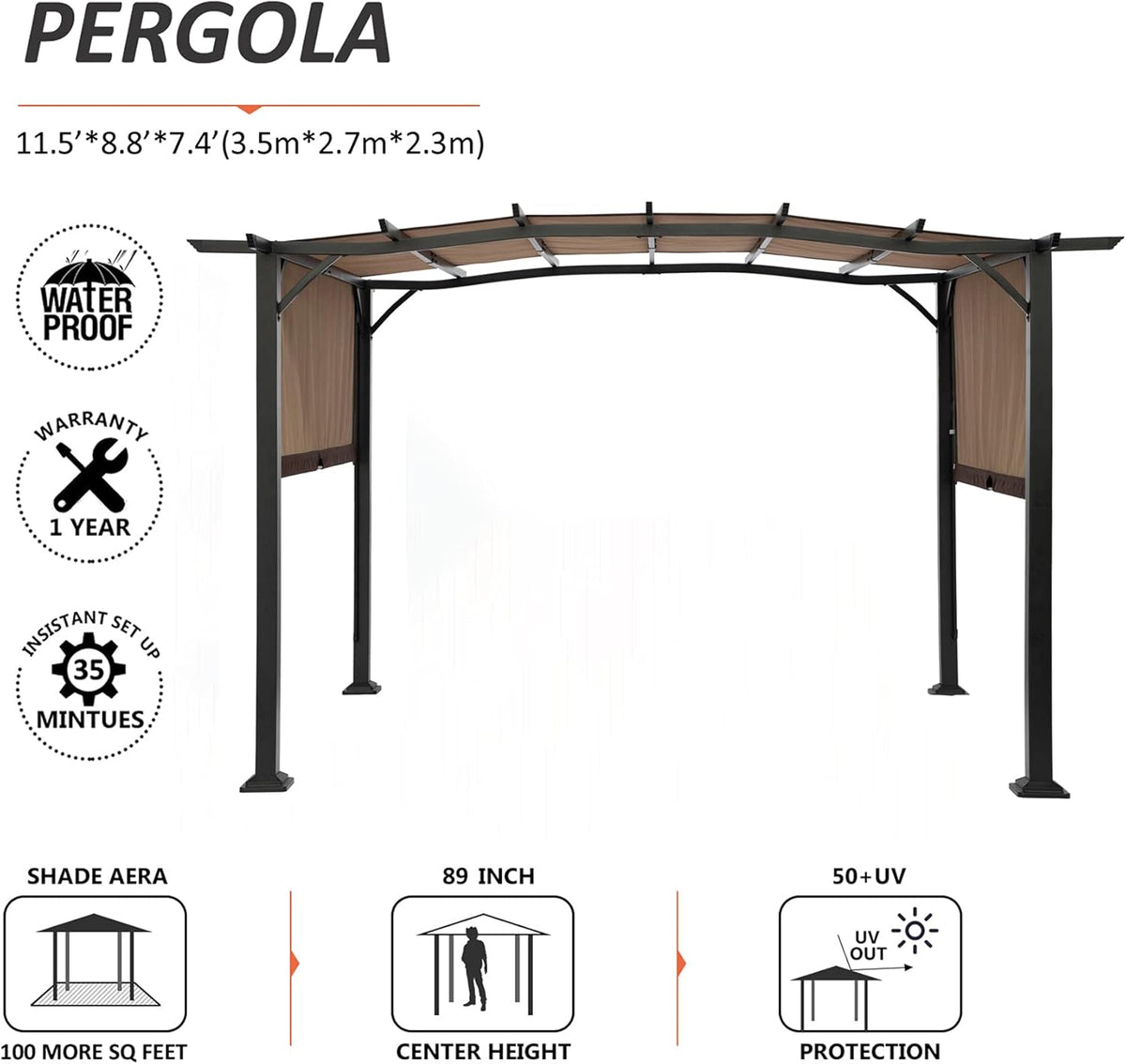 Beige Steel Frame Retractable Canopy Pergola N1936