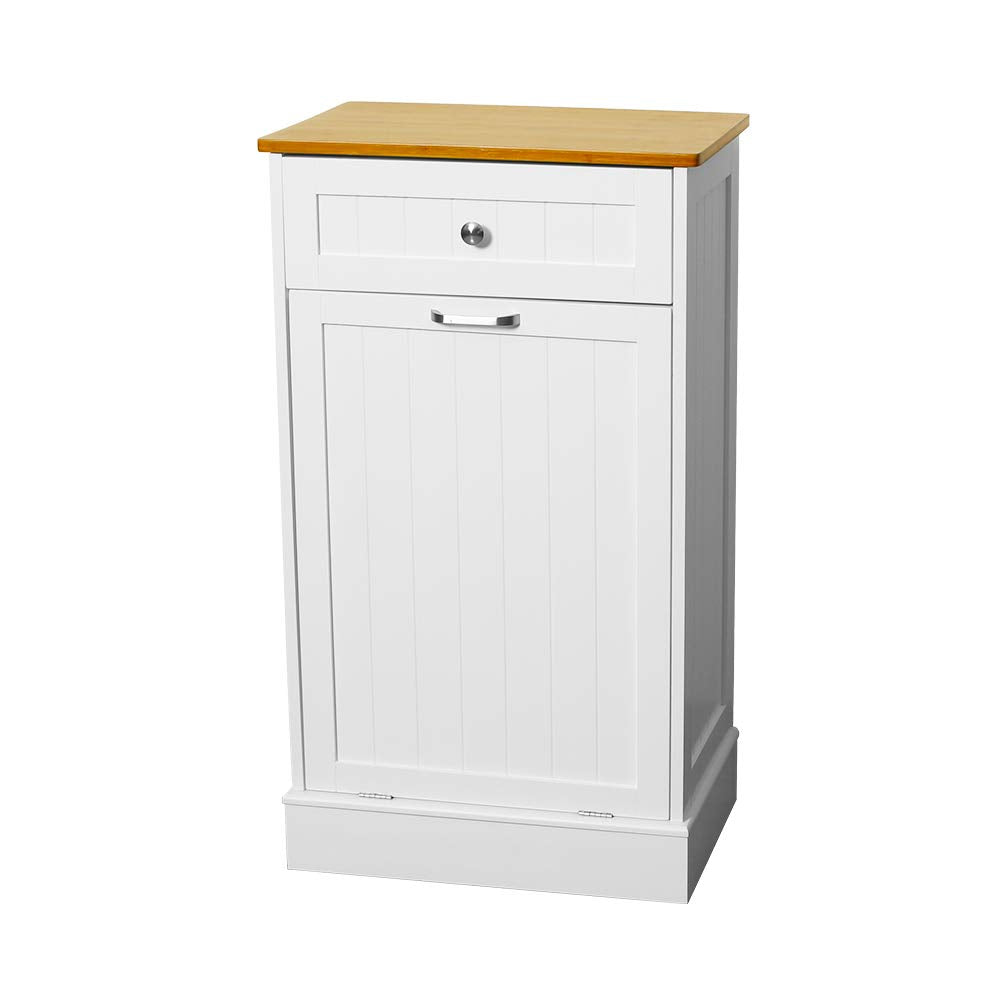 White Wooden Tilt Out Trash Cabinet with Hideaway Drawer and Removable Cutting Board H417170