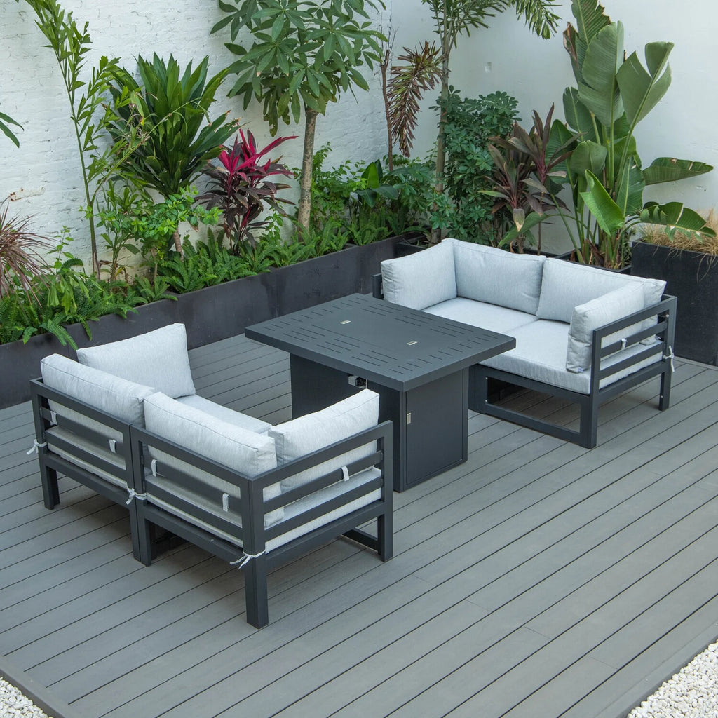 5-Piece Sectional Loveseat and Fireplace Set Black Aluminum with Cushions Q382