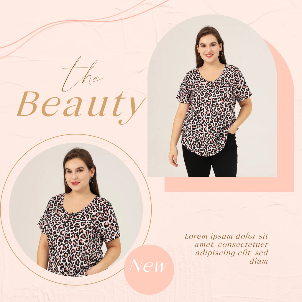 Plus Size Leopard Short Sleeve Henley Shirts Buttons Up Summer T-shirts Cheetah Print Crewneck Casual Tunics XL 16W 18W V615265