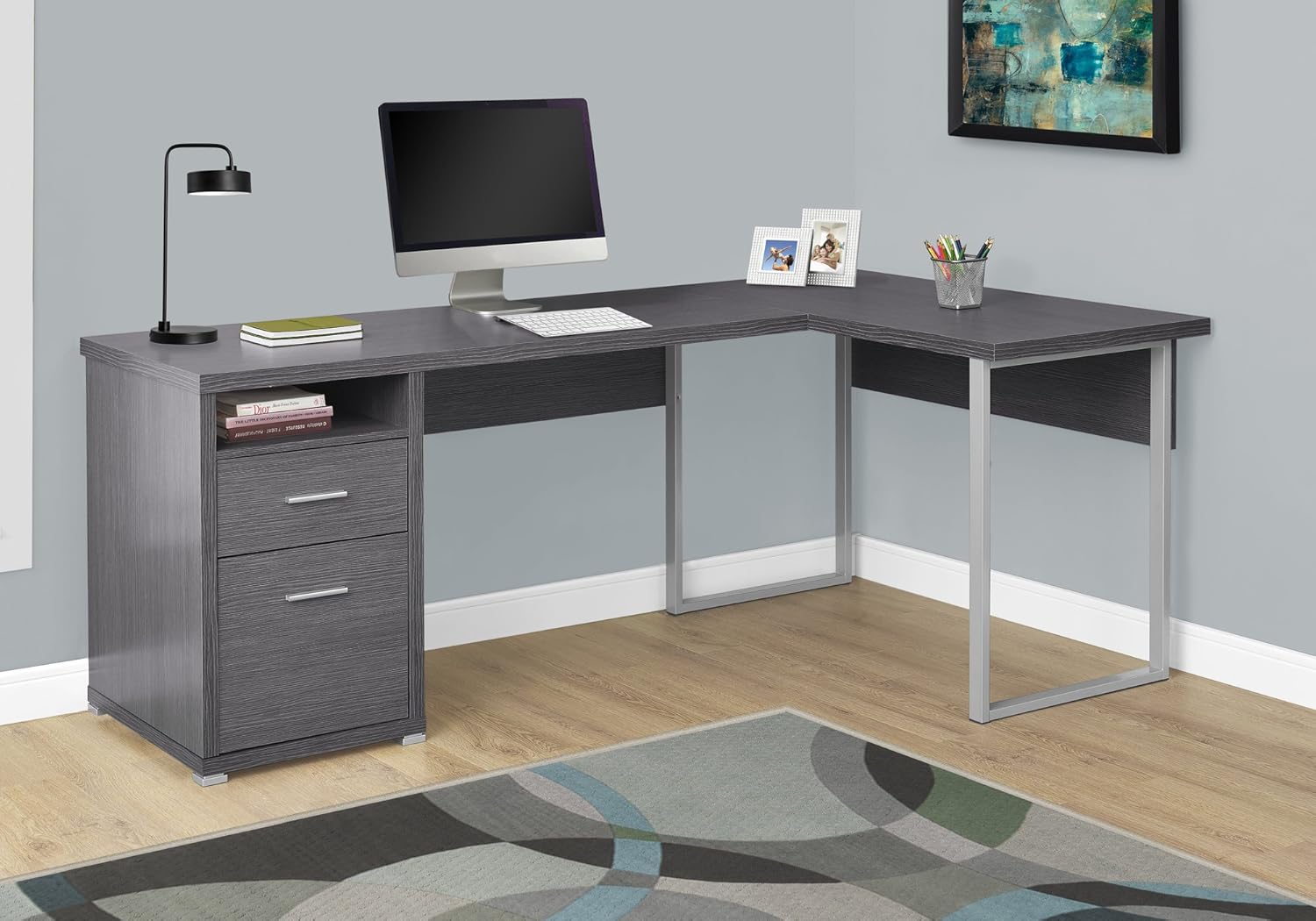 80L Dark Taupe L-Shaped Corner Desk with File Cabinet N743