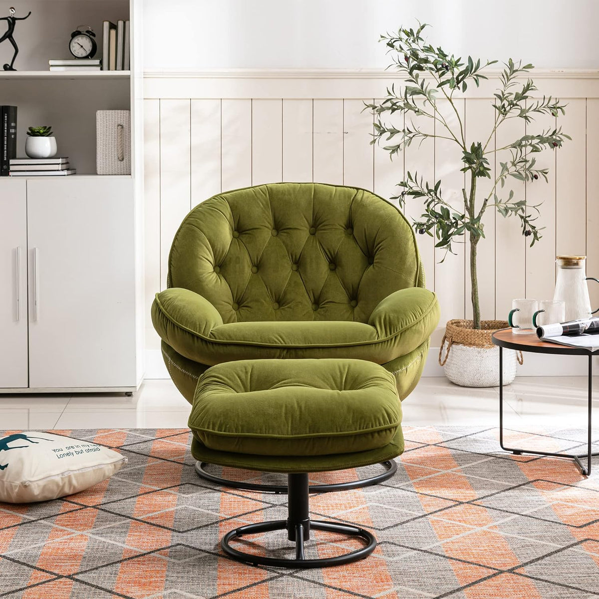 Light Green Velvet Swivel Accent Chair with Ottoman J996746