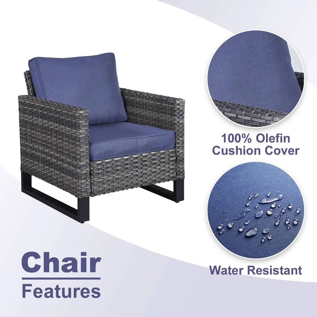 Blue Cushion Rattan Patio Furniture Set with Sofa, Chairs, Coffee Table and Ottomans Z2209