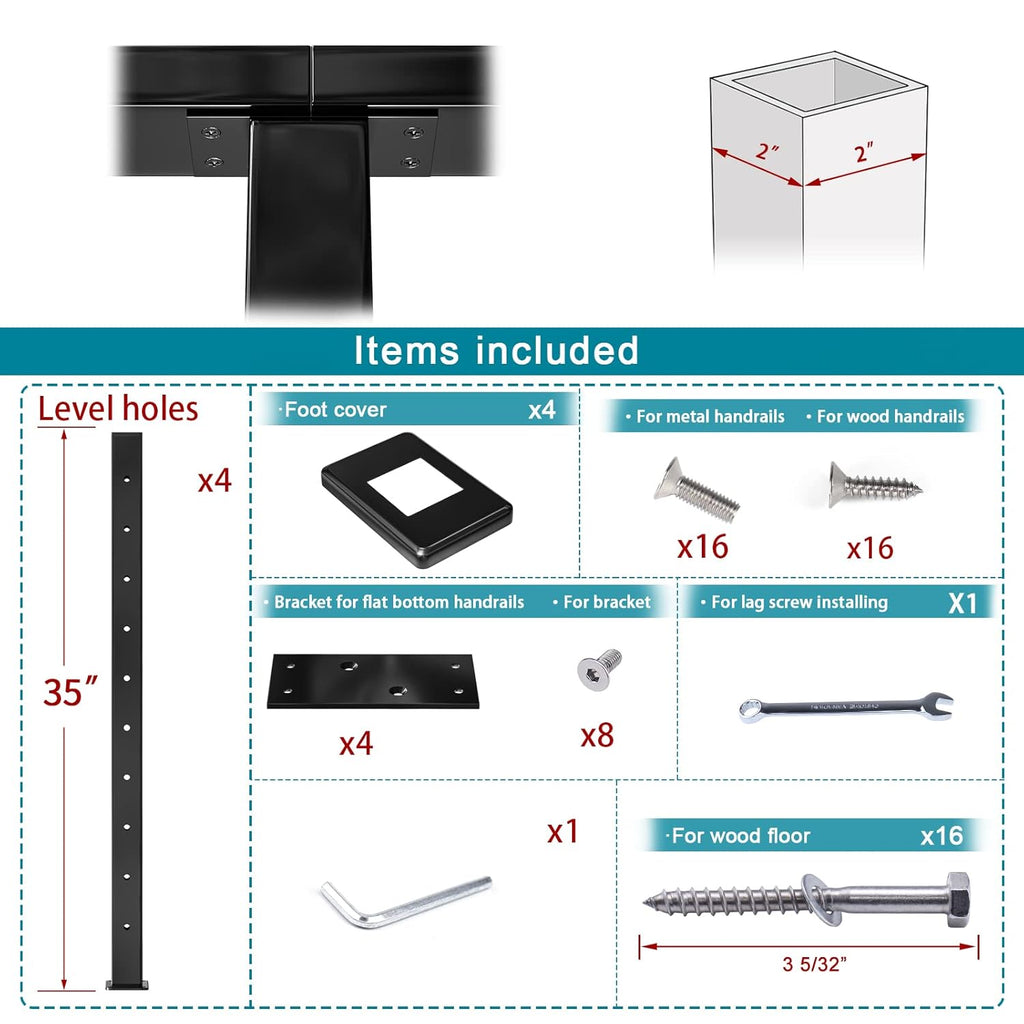 4Pack 36''x2''x2'' Black Square Weldless Stainless Steel Pre-Drilled Cable Railing Post R348866