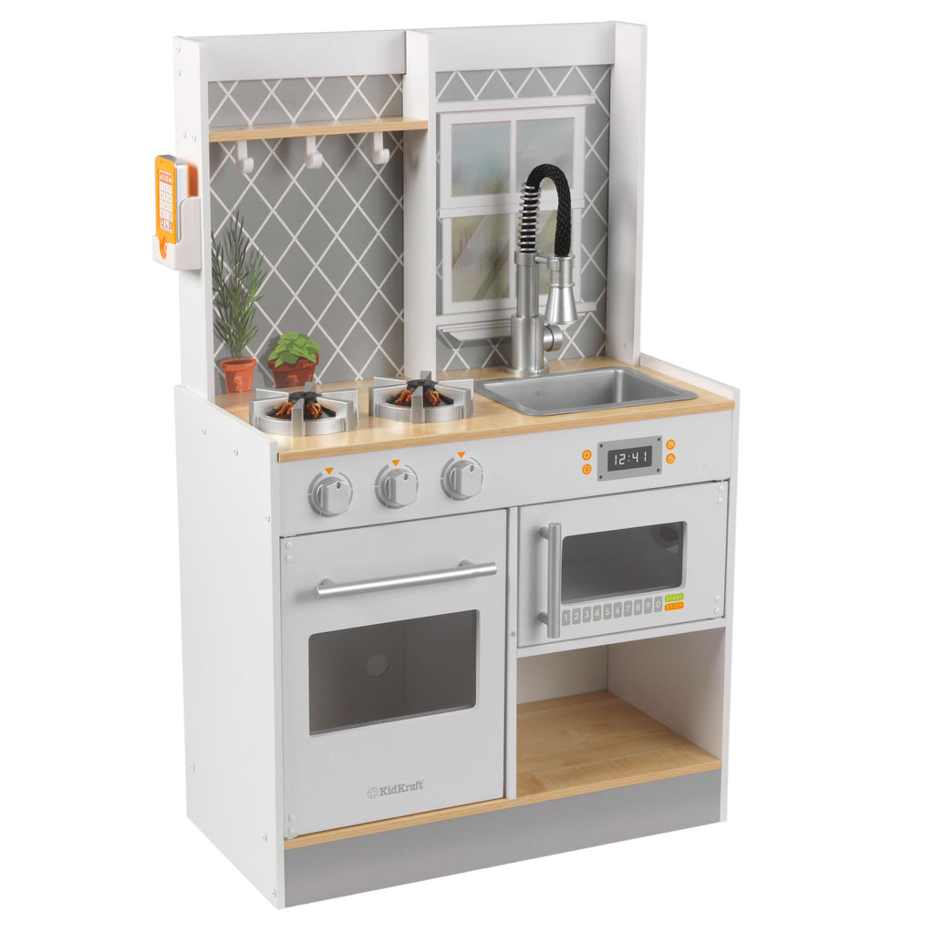 Wooden Play Kitchen with Lights & Sounds and Pull-Down Faucet A166