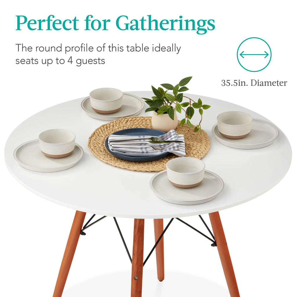 White Round Mid-Century Modern Dining Table with Metal Frame O79730