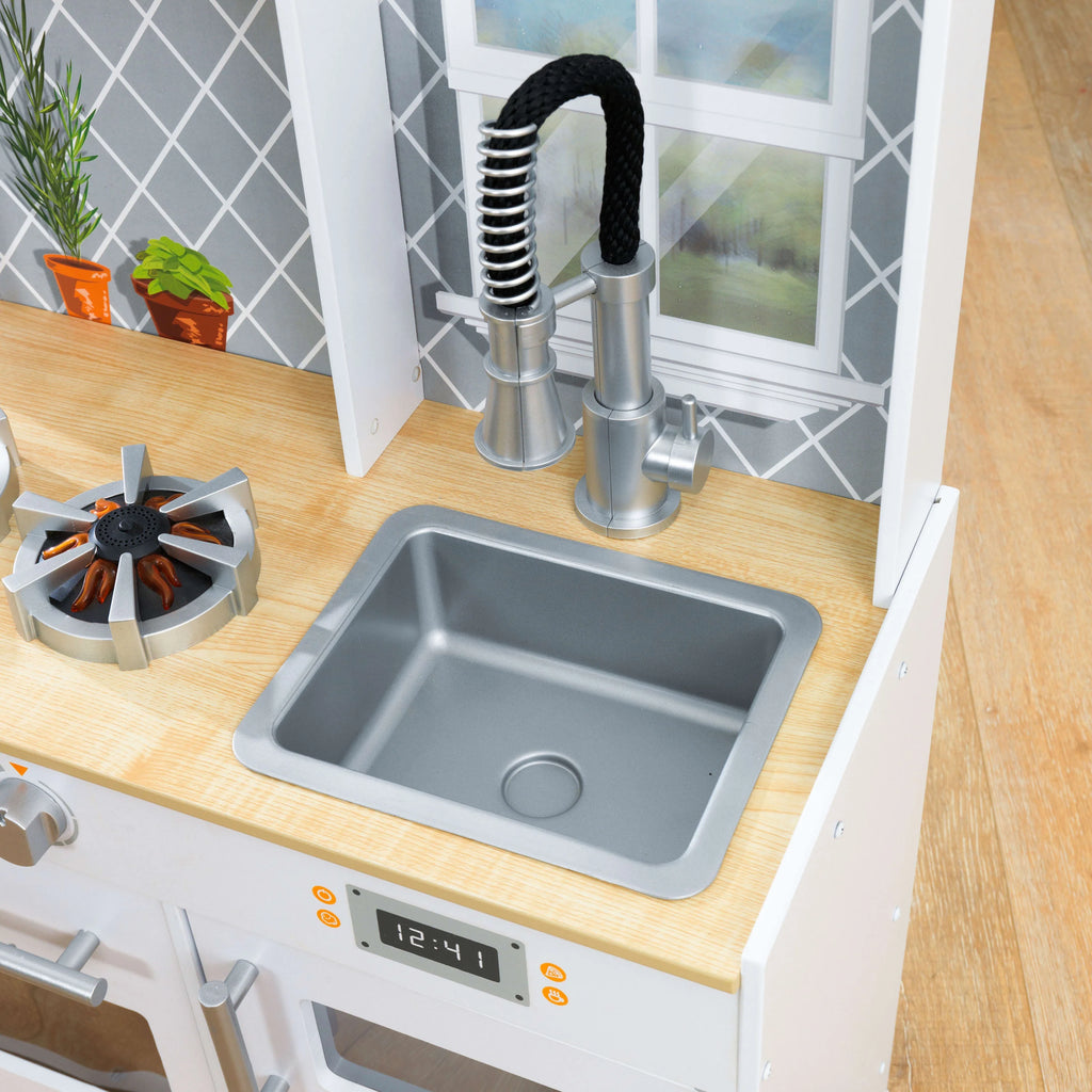 Wooden Play Kitchen with Lights & Sounds and Pull-Down Faucet A166