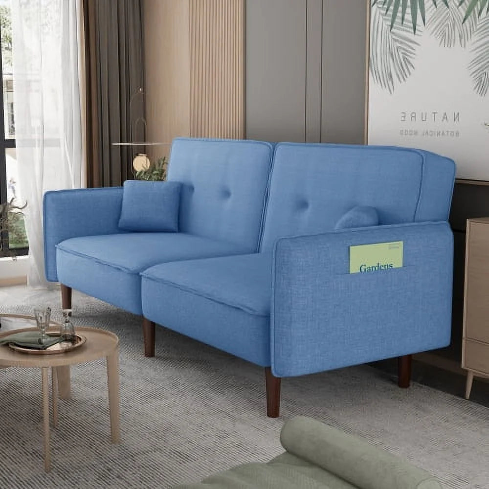 Blue Fabric Futon Sofa Bed with Solid Wood Leg O6761