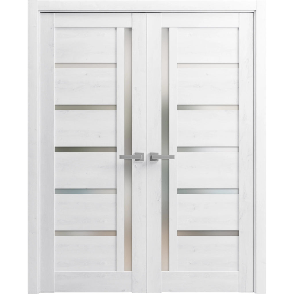 Solid French Double Doors 36 x 84 inches Nordic White with Frosted Glass Wood Solid Panel Frame Trims N640