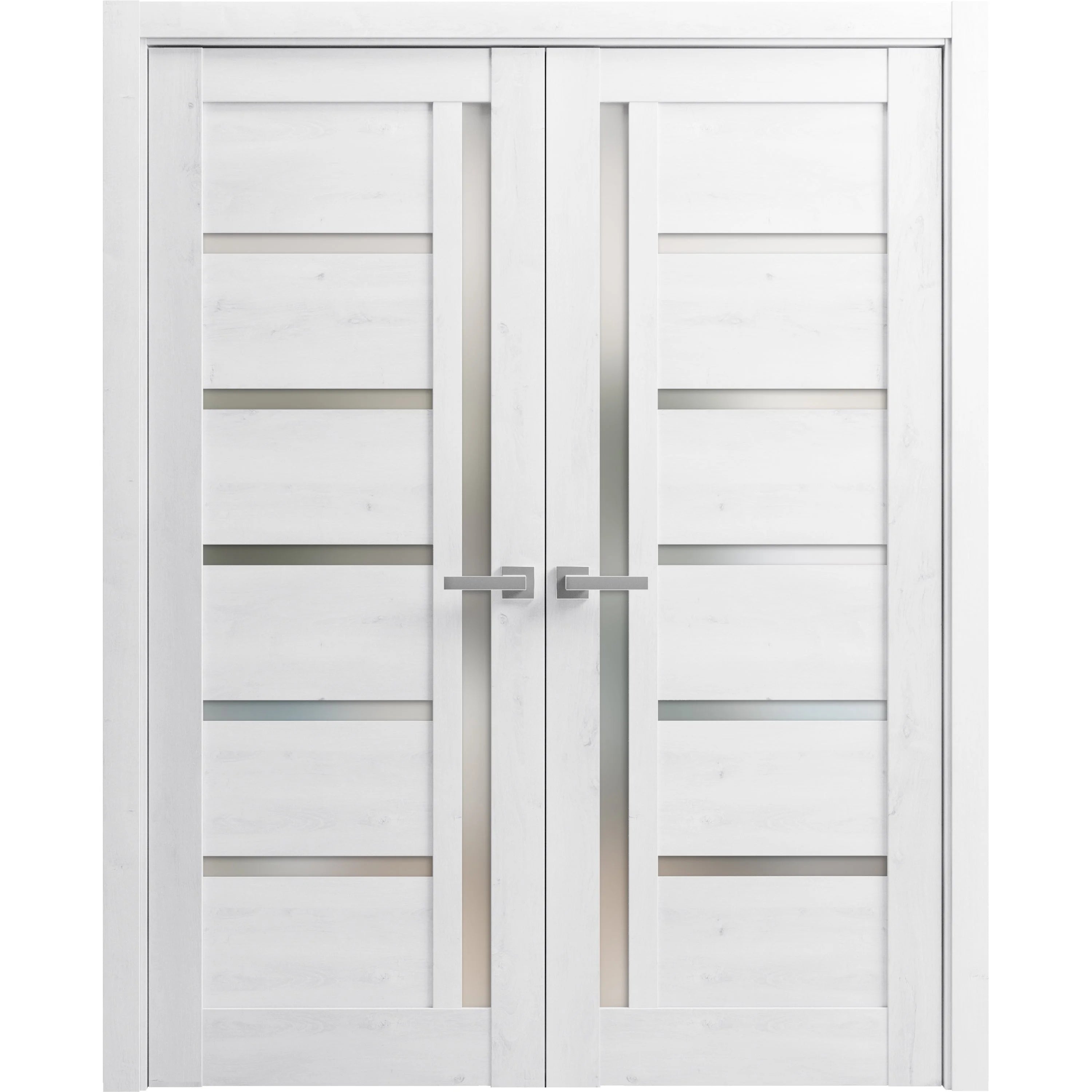 Solid French Double Doors 36 x 84 inches Nordic White with Frosted Glass Wood Solid Panel Frame Trims N640