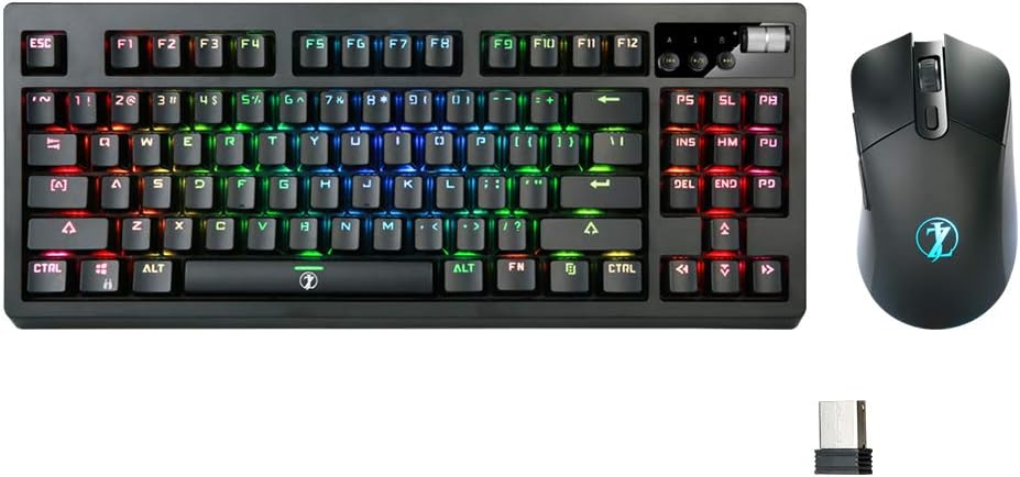 Wireless Mechanical Gaming Keyboard and Mouse, RGB Backlit Rechargeable 3600mAh Battery, Anti-ghosting Keyboard + 7D 3200DPI Mice (Brown Switch, Black) J8265
