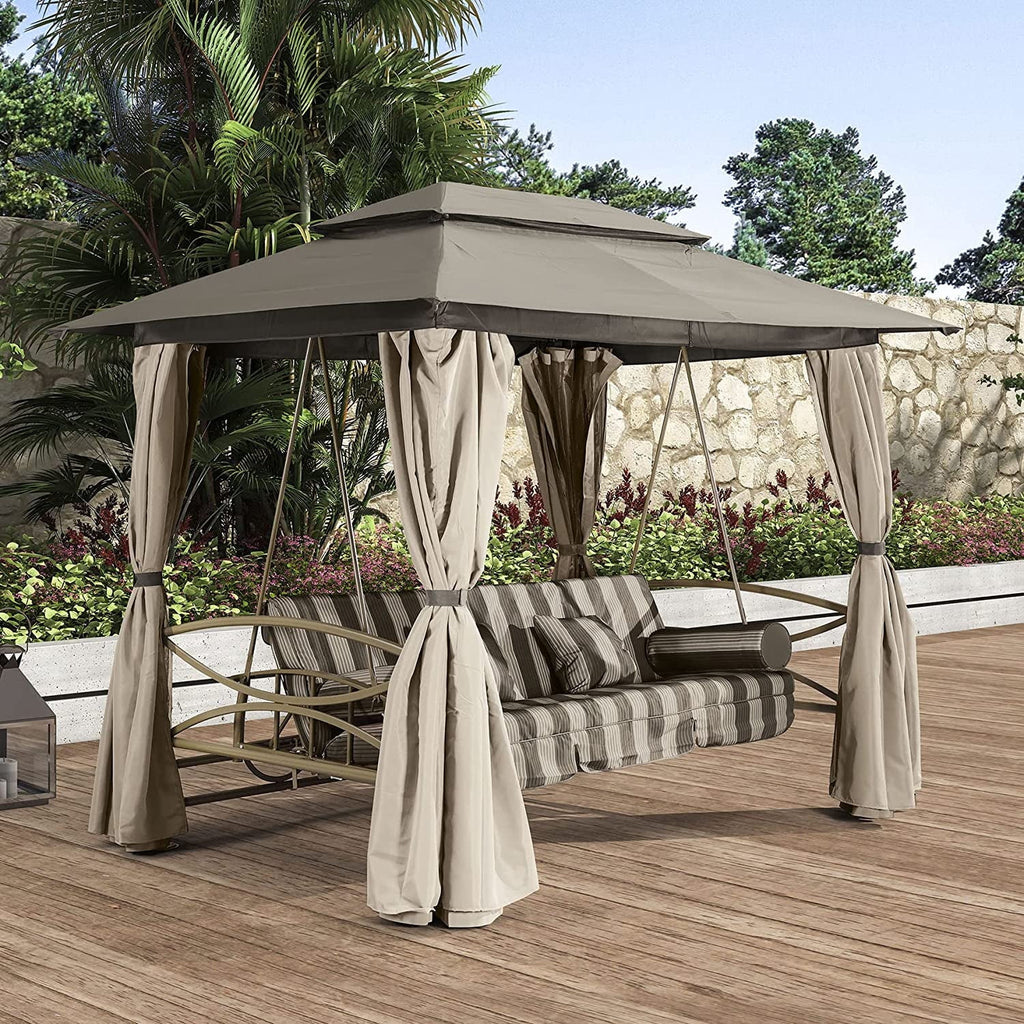 3 Person Double Top Outdoor Patio Gazebo Swing with Netting & Curtain I8316