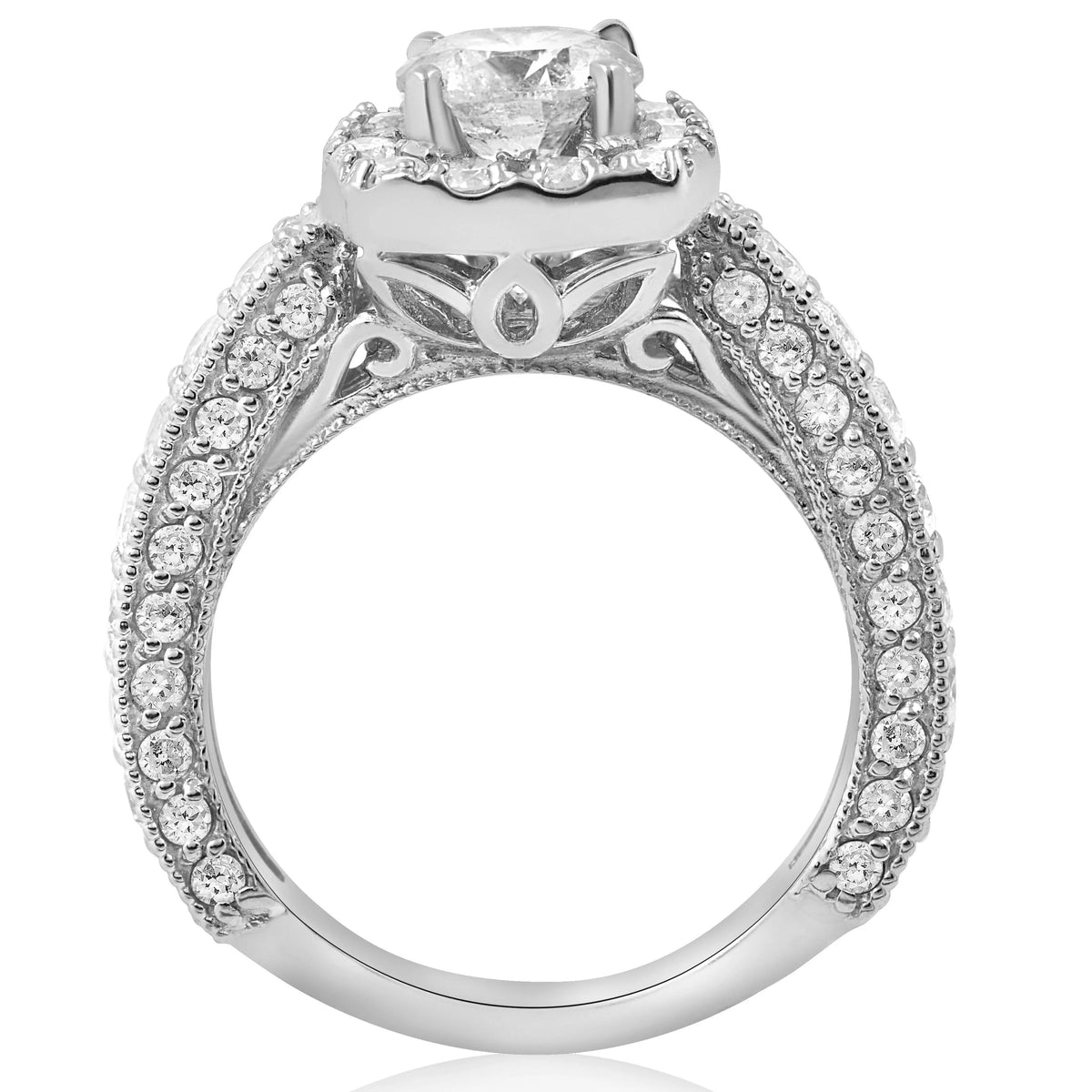 Vintage Cushion Halo Diamond Engagement Ring Pave White Gold R3502