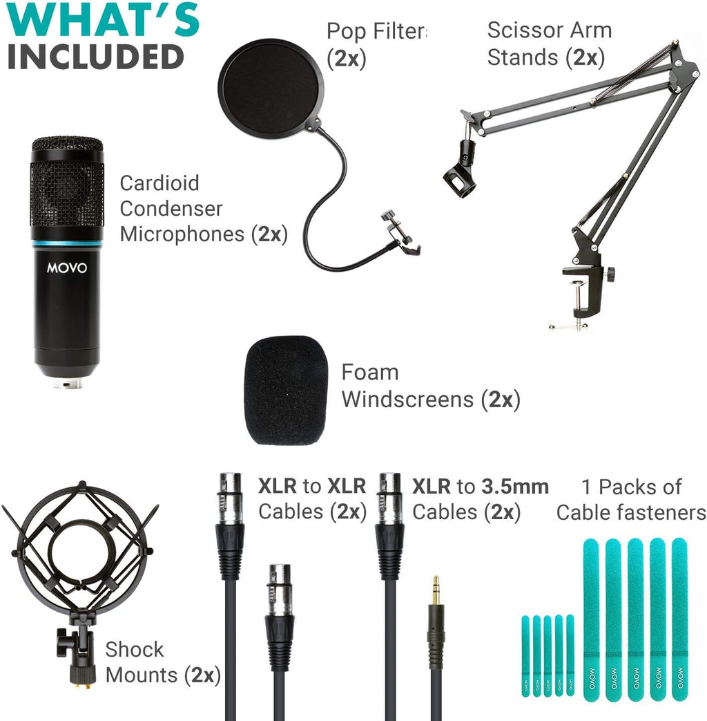 2-Pack Cardioid Condenser Microphone Kit with Scissor Arm Mic Stand, Shock Mount and Gooseneck Pop Filter I197