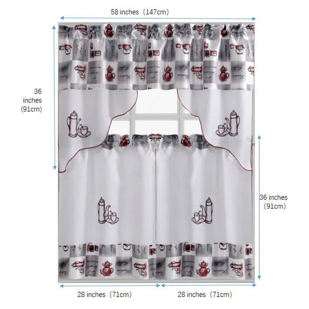 Coffee Embroidered 3-Piece Kitchen Curtain Tiers & Swag Set, 58x36 & 28x36 inches R241881