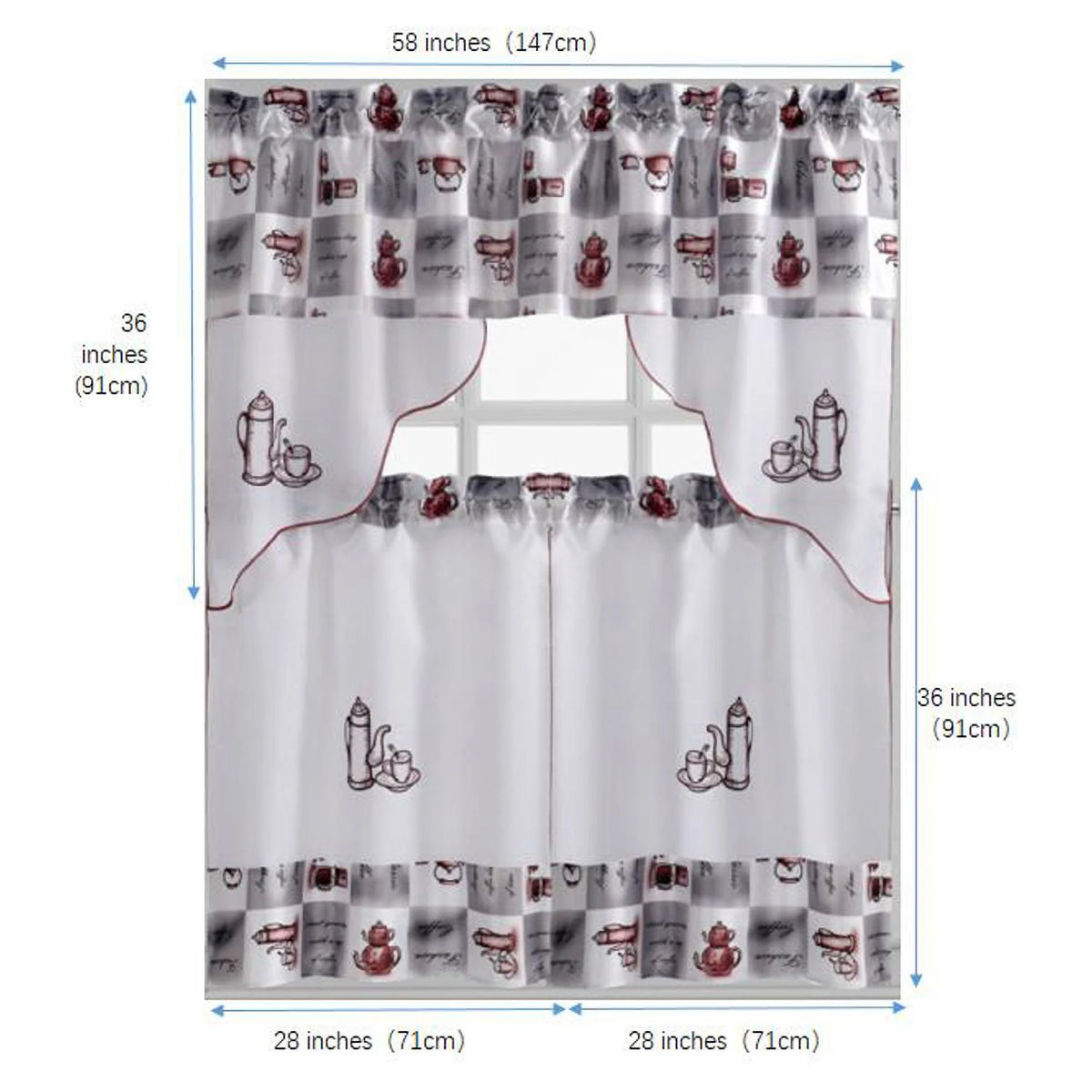 Coffee Embroidered 3-Piece Kitchen Curtain Tiers & Swag Set, 58x36 & 28x36 inches R241881
