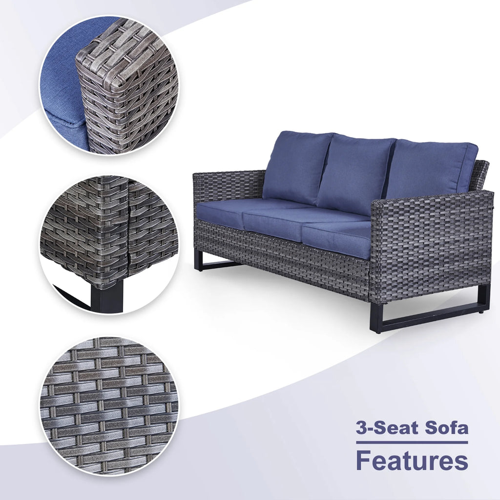 Blue Cushion Rattan Patio Furniture Set with Sofa, Chairs, Coffee Table and Ottomans Z2209
