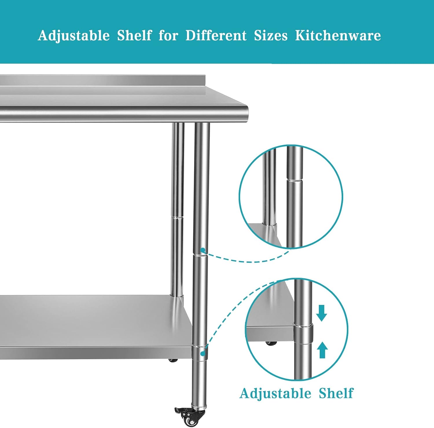 Stainless Steel Work Table with Casters, Backsplash, Adjustable Undershelf X161828
