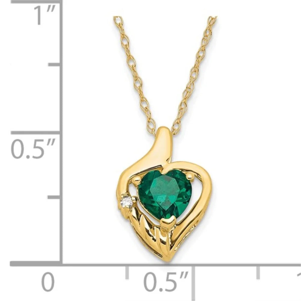 10K Yellow Gold Created Emerald and Diamond Heart Necklace 18" A90453