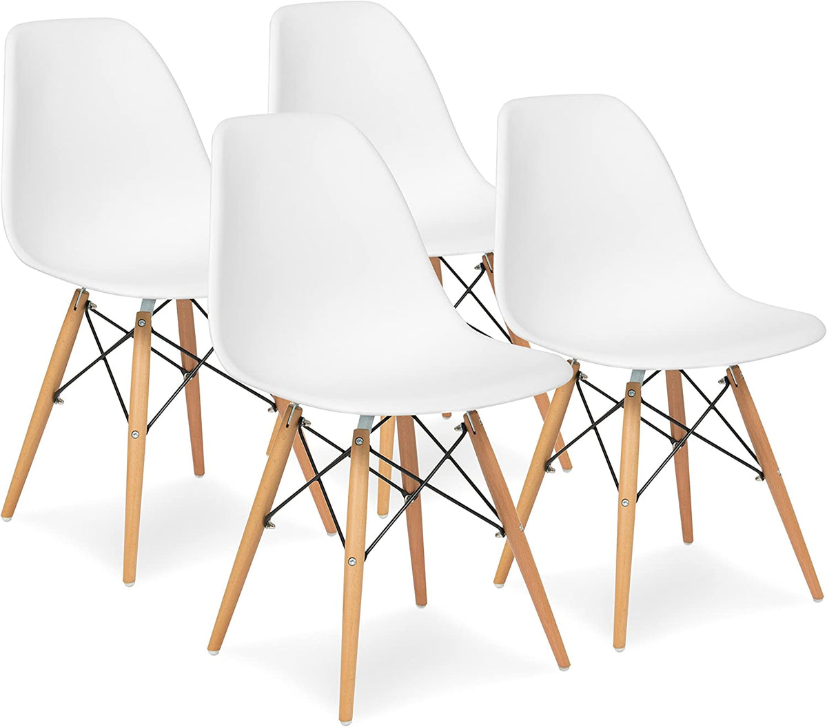 White Molded Plastic Dining Chairs with Wood Legs, Set of 4 Y627