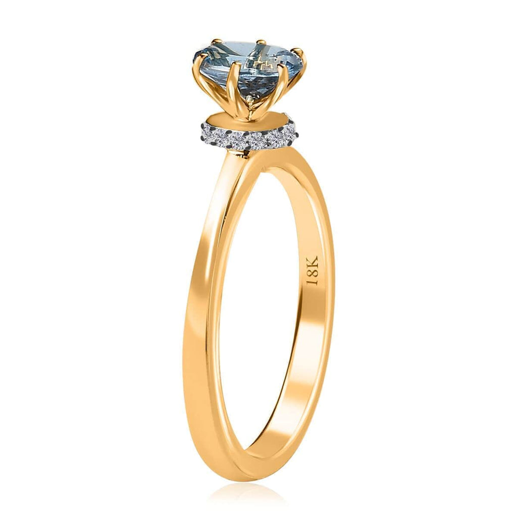 Oval Blue Aquamarine White Diamond 18K Yellow Gold Ring Size 7 Q10495