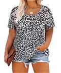 Plus Size Leopard Short Sleeve Henley Shirts Buttons Up Summer T-shirts Cheetah Print Crewneck Casual Tunics XL 16W 18W V615265