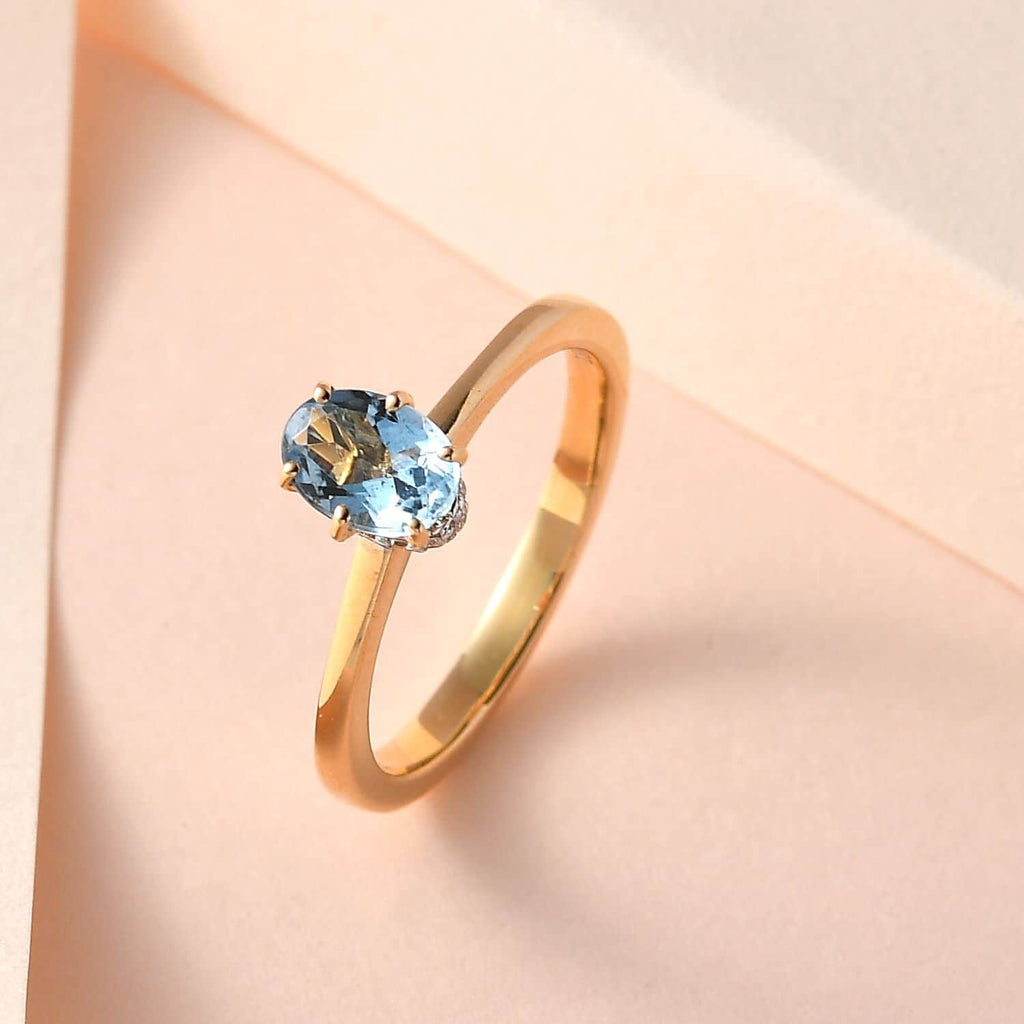 Oval Blue Aquamarine White Diamond 18K Yellow Gold Ring Size 7 Q10495