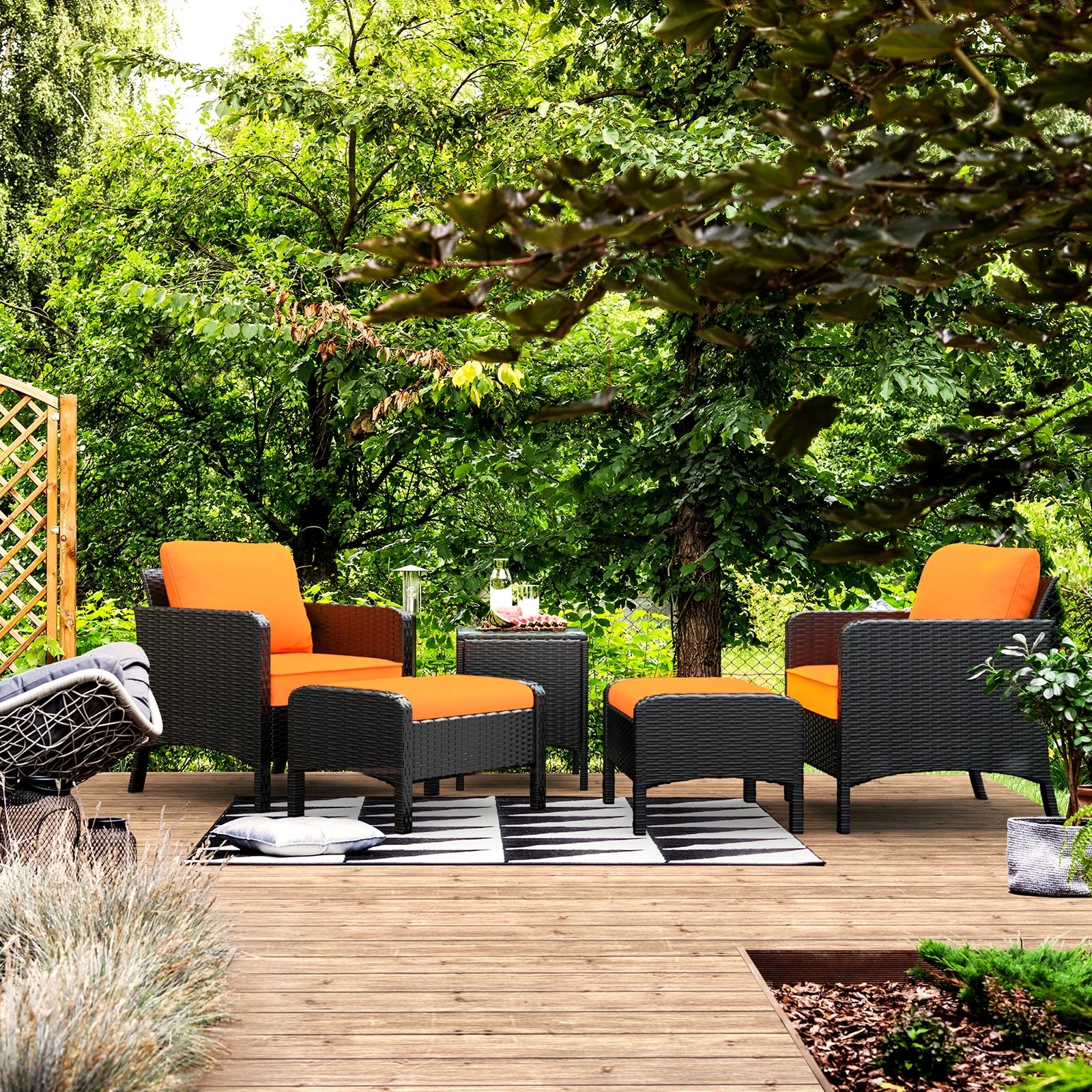 5 Piece Outdoor Rattan Wicker Patio Furniture Set with Ottoman and Coffee Table A465228