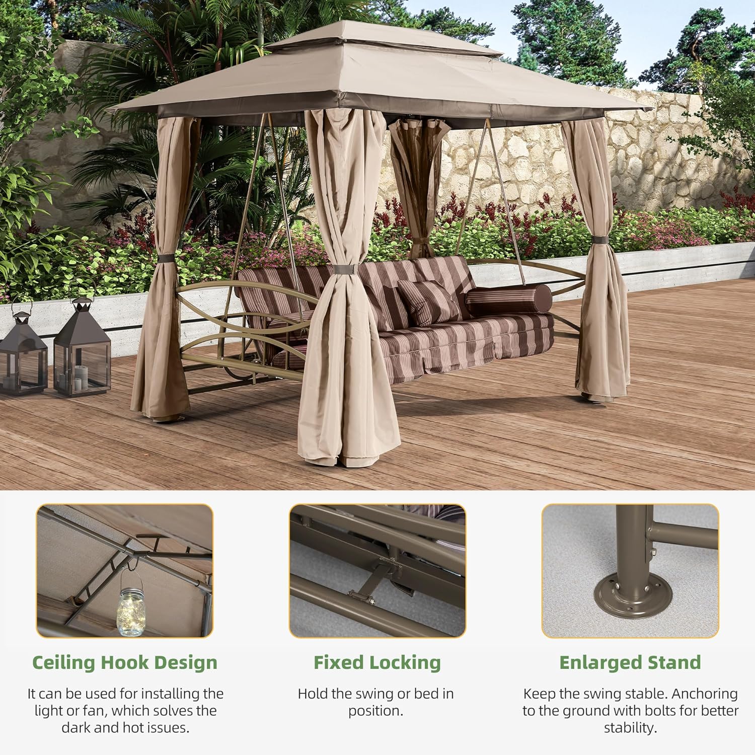 3 Person Double Top Outdoor Patio Gazebo Swing with Netting & Curtain I8316