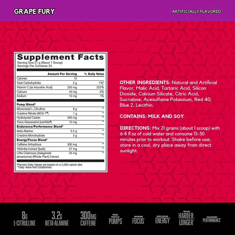 Grape Fury Pre Workout Powder with L-Citrulline and Beta-Alanine, 24 Servings V332448