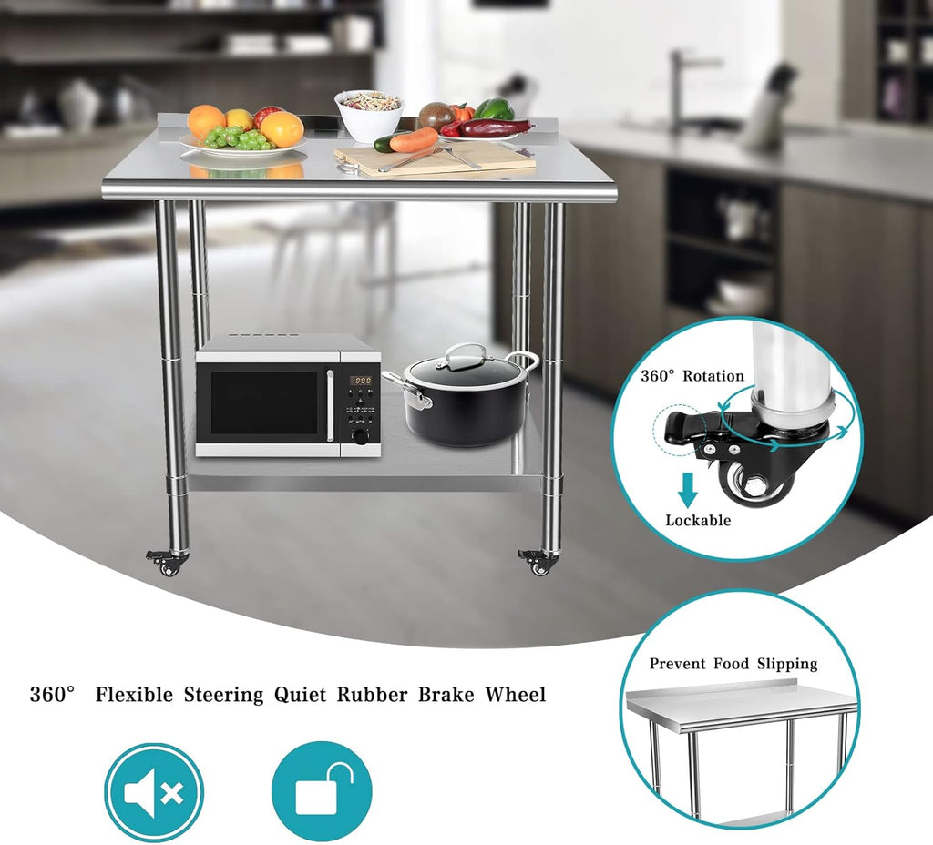 Stainless Steel Work Table with Casters, Backsplash, Adjustable Undershelf X161828
