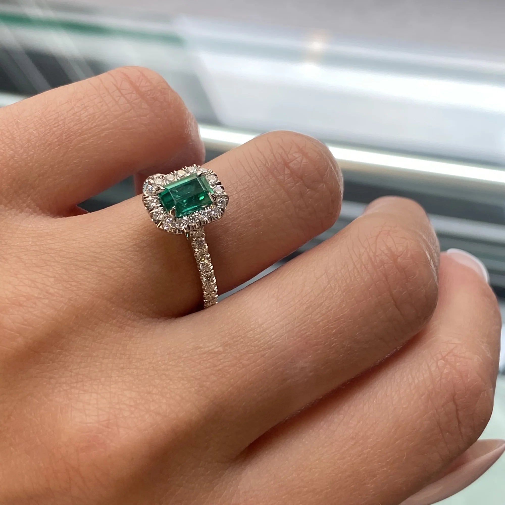Emerald Diamond Halo Engagement Ring Platinum O41374