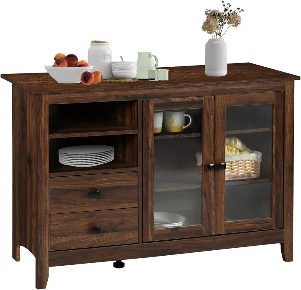 Rustic Farmhouse Kitchen Buffet Sideboard with Glass Doors, 2 Drawers, Open Compartments, Wood Console Table, Walnut S93228