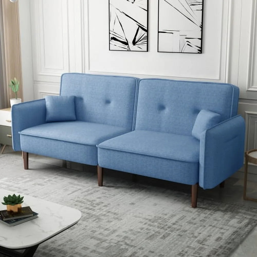 Blue Fabric Futon Sofa Bed with Solid Wood Leg O6761