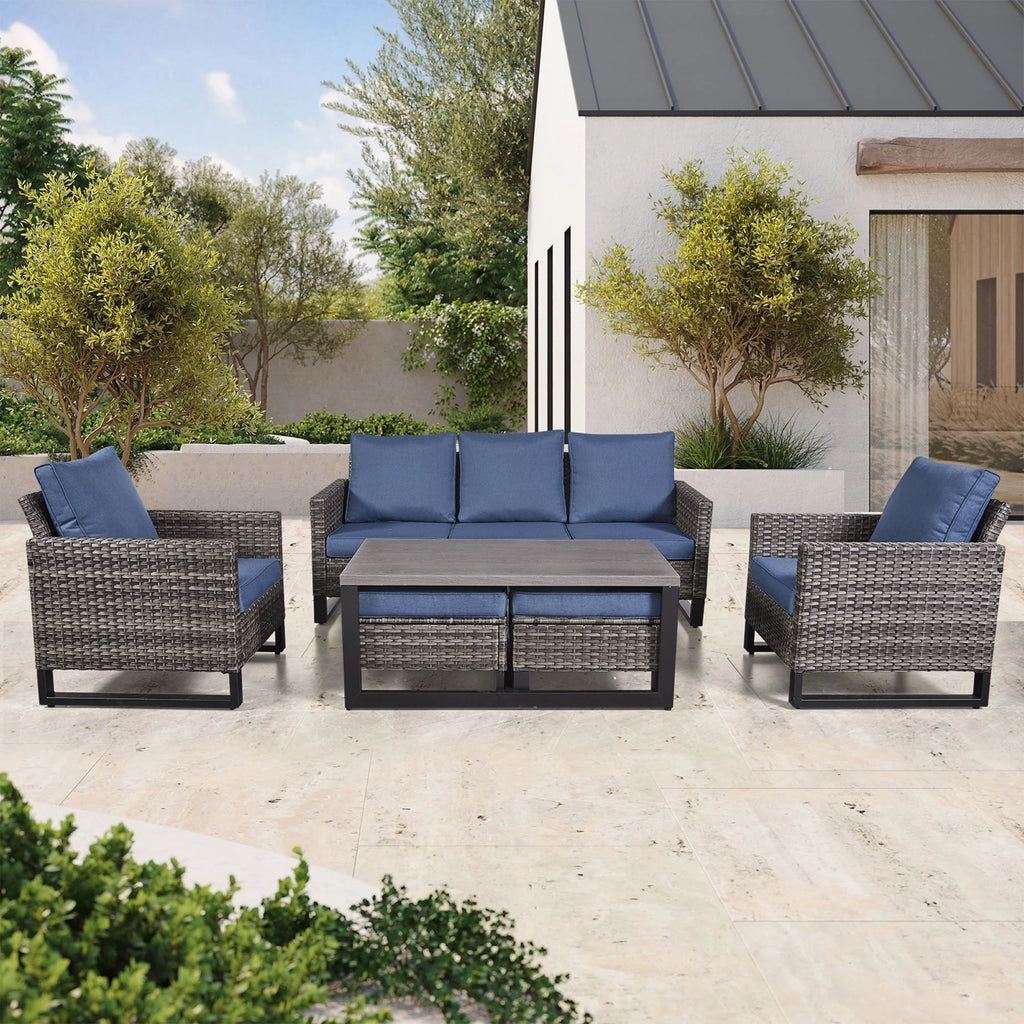 Blue Cushion Rattan Patio Furniture Set with Sofa, Chairs, Coffee Table and Ottomans Z2209