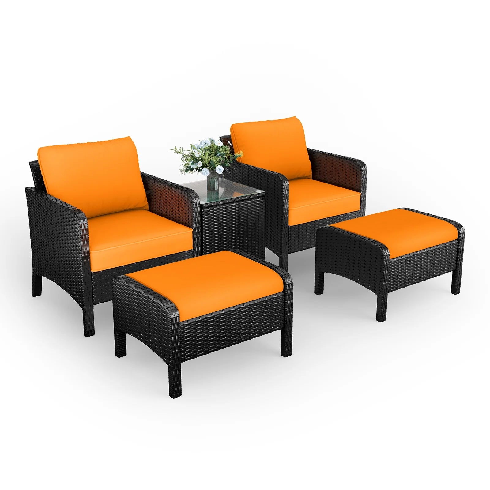 5 Piece Outdoor Rattan Wicker Patio Furniture Set with Ottoman and Coffee Table A465228