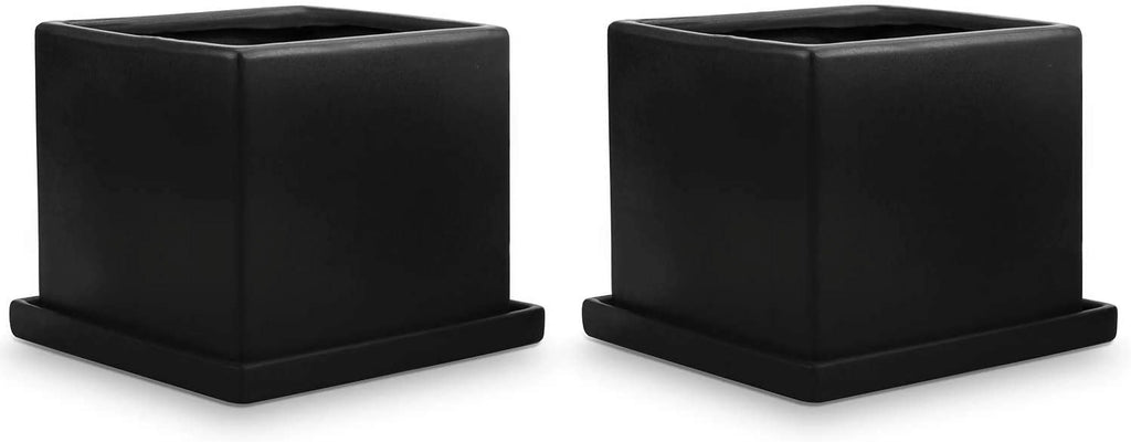 Set of 2 Matte Black Ceramic Planter Pots with Saucers G488