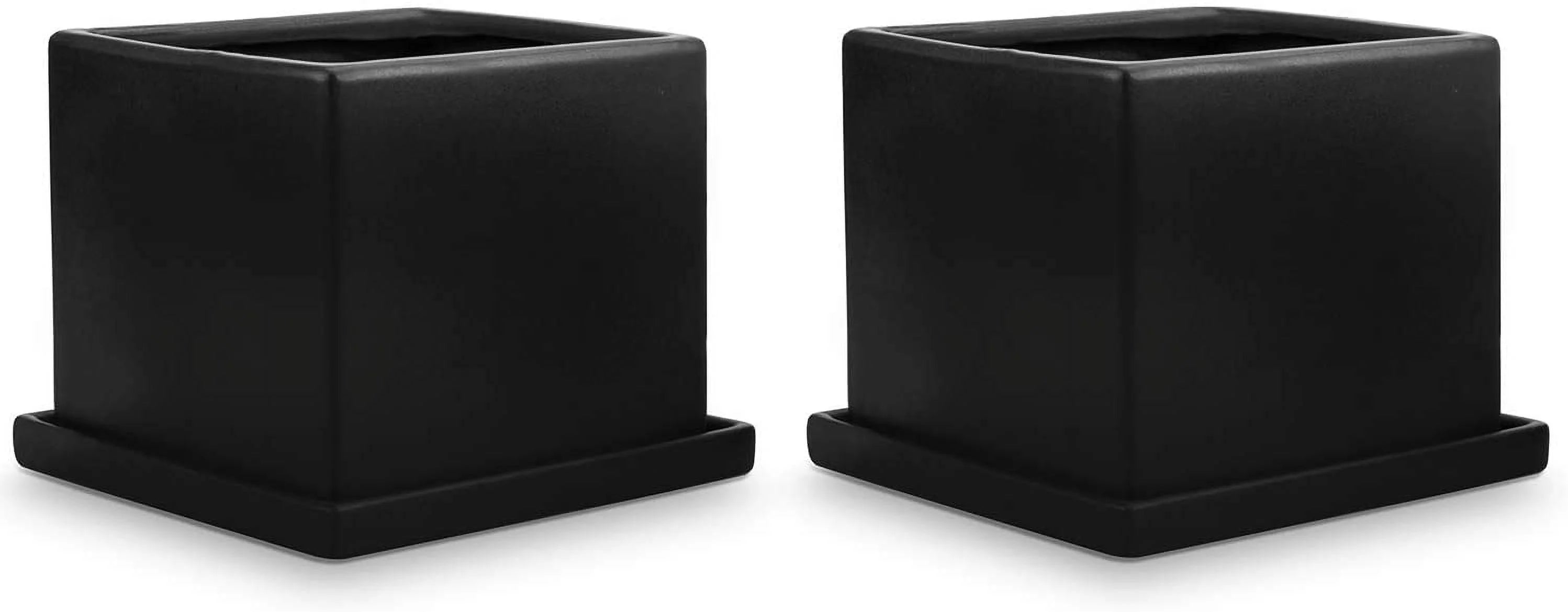 Set of 2 Matte Black Ceramic Planter Pots with Saucers G488
