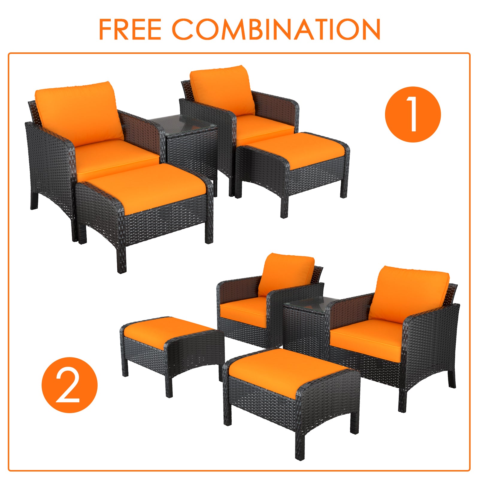 5 Piece Outdoor Rattan Wicker Patio Furniture Set with Ottoman and Coffee Table A465228