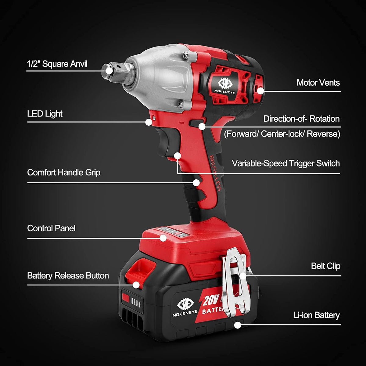 20V Cordless Brushless Impact Wrench with 4.0 Ah Battery, 300 Ft-lbs Torque, 1/2 Inch U91720